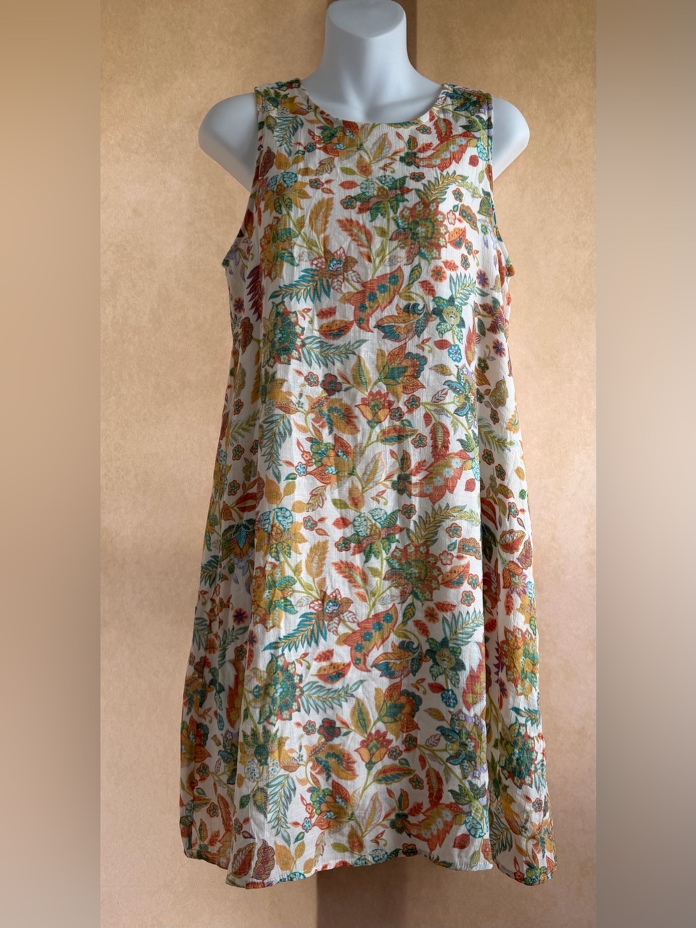 Robert Louis White Dress with Teal and Coral Floral Trim